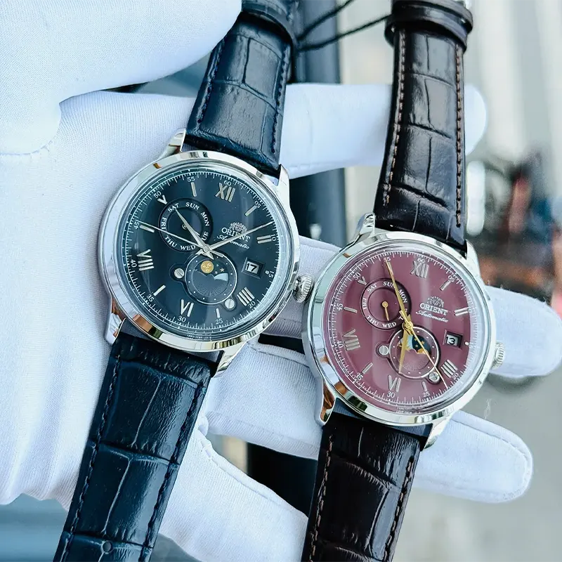 Orient Bambino Sun and Moon Bordeaux Dial Men's Watch- RA-AK0807R